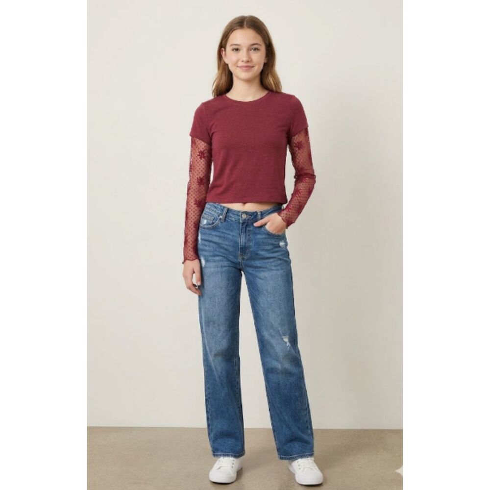 Honey & Sparkle Burgundy Lace Long-sleeve Juniors Knit Top. Size M